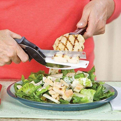 2-in-1 Steel Smart Clever Cutter Kitchen Knife Food Chopper and in Built Mini Chopping Board with Locking Hinge; with Spring Action; Stainless Steel Blade