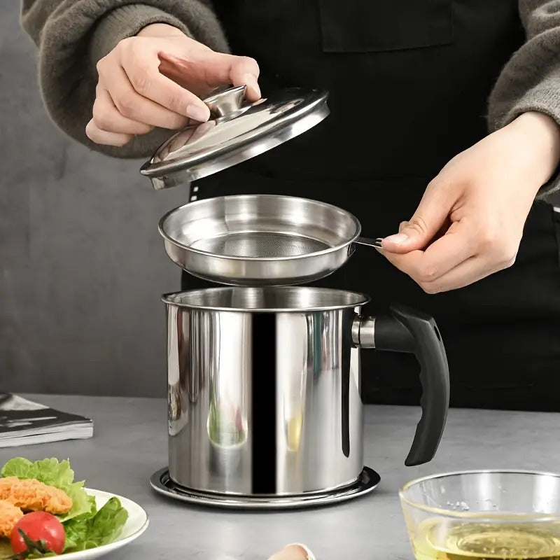 Oil Strainer Pot Grease Can - Stainless Steel Cooking Grease Container,Reuse Oil Storage -Can Container with Removable Filter Anti-Scalding Handheld, Lid for Cooking Oil