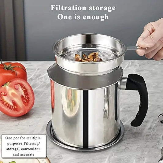 Oil Strainer Pot Grease Can - Stainless Steel Cooking Grease Container,Reuse Oil Storage -Can Container with Removable Filter Anti-Scalding Handheld, Lid for Cooking Oil