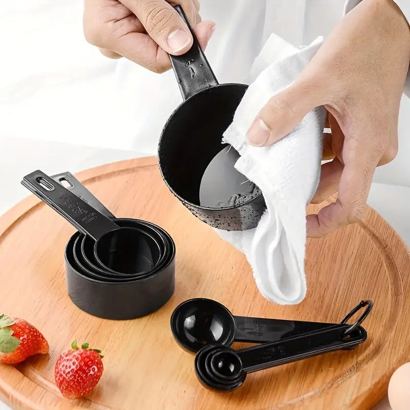 8 Piece Measuring Cup & Spoon Set - Multi Purpose Kitchen Tool (with Free Hanging Groove), Black