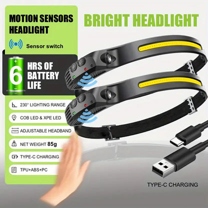 LED Headlamp with All Perspectives Induction 230° Illumination, 350 Lumens, 2 in 1 Lightweight Head Lights, Weatherproof, Type C Rechargeable Head Lamp for Running Camping