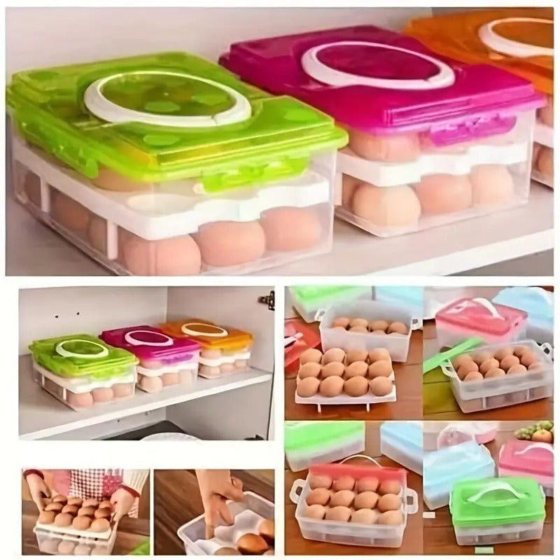 24 Grid Square Egg Storage Box - Egg Refrigerator Storage Tray Abs Plastic Egg Storage Containers For Fridge And Kitchen Egg Storage Bins Basket With Carry Holder