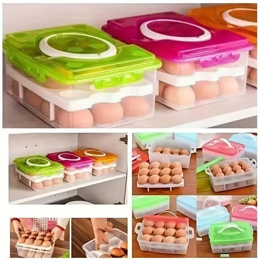 24 Grid Square Egg Storage Box - Egg Refrigerator Storage Tray Abs Plastic Egg Storage Containers For Fridge And Kitchen Egg Storage Bins Basket With Carry Holder