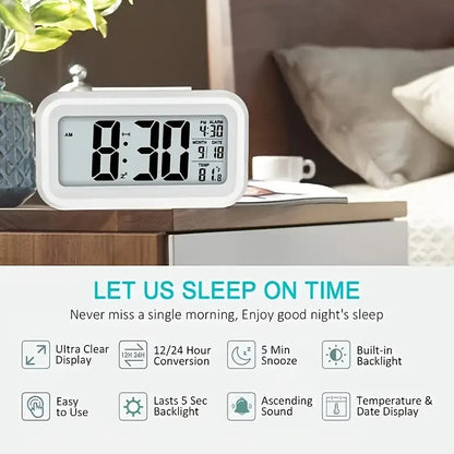 Digital Alarm Clock,Battery Operated Small Desk Clocks,with Date, Indoor Temperature,Smart Night Light,LCD Clock for Bedroom Home Office