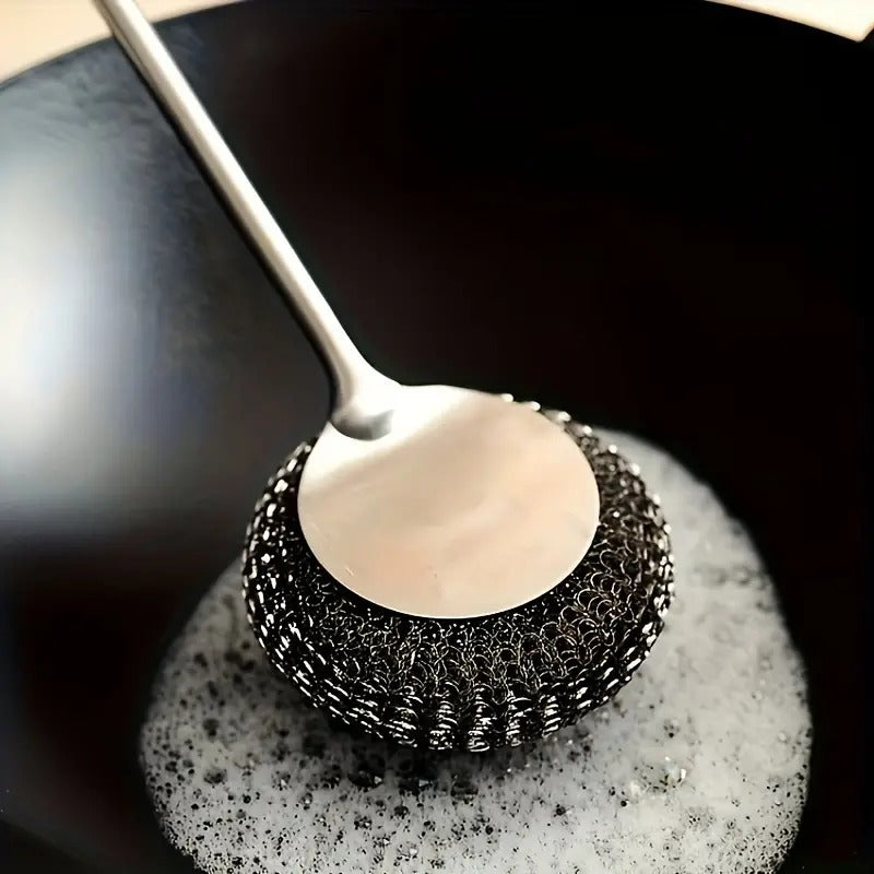 Stainless Steel Scrubber Metal Scrubber Brush for Dishes Pot Dish Cookware Cleaner with Handle Long Handle Brush Steel Ball Brush Pot & Dish Scrubber Dish Brush Steel Wool Handle