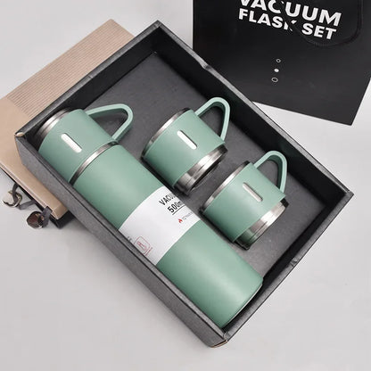 Vacuum Flask Set with 2 Cups, Insulated Double Wall Stainless Steel 500ml Tea Coffee Thermal Flask with 3 Cups, Hot and Cold Bottle, Corporate Gifts for Employees Christmas Gift, Random Color