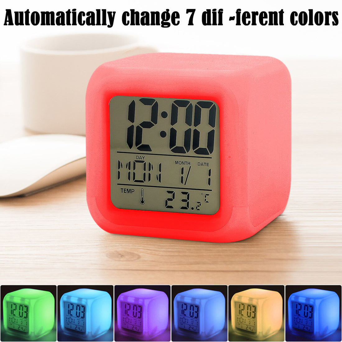 Digital Alarm Clock with Automatic 7 Color Changing Lighting Clock LED Display Clock Date Time Temperature Digital Clock Kids Clock Alarm Clock for Kids Girls Boys