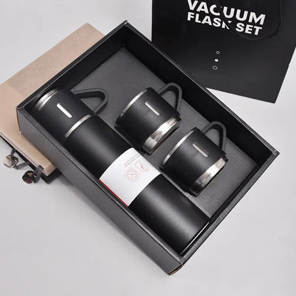 Vacuum Flask Set with 2 Cups, Insulated Double Wall Stainless Steel 500ml Tea Coffee Thermal Flask with 3 Cups, Hot and Cold Bottle, Corporate Gifts for Employees Christmas Gift, Random Color