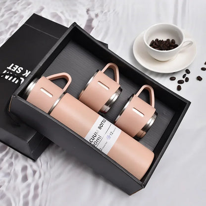 Vacuum Flask Set with 2 Cups, Insulated Double Wall Stainless Steel 500ml Tea Coffee Thermal Flask with 3 Cups, Hot and Cold Bottle, Corporate Gifts for Employees Christmas Gift, Random Color