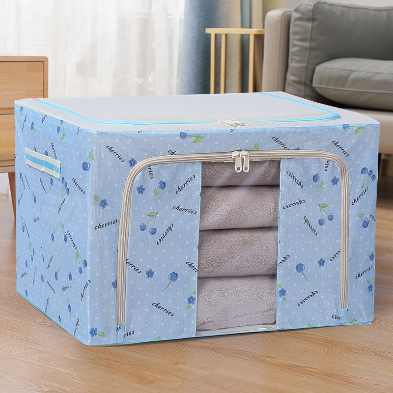 Fabric Clothes Storage Box for Wardrobe Cloth, Saree, Towel, Blanket Foldable Organizer Bag with Steel Frame, Top and Front Zipper Open Bags