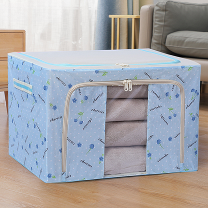 Fabric Clothes Storage Box for Wardrobe Cloth, Saree, Towel, Blanket Foldable Organizer Bag with Steel Frame, Top and Front Zipper Open Bags