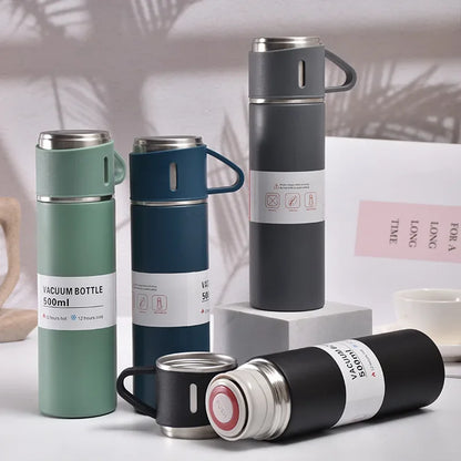 Vacuum Flask Set with 2 Cups, Insulated Double Wall Stainless Steel 500ml Tea Coffee Thermal Flask with 3 Cups, Hot and Cold Bottle, Corporate Gifts for Employees Christmas Gift, Random Color