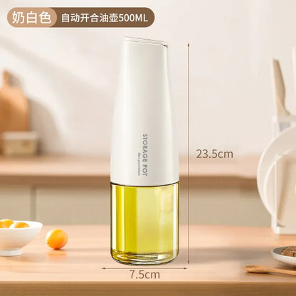 Oil and Vinegar Dispenser Glass Bottle 500ml with Gravity Automatic Opening and Closing lid Weighted Pourer Oil Dispenser Bottle for Kitchen