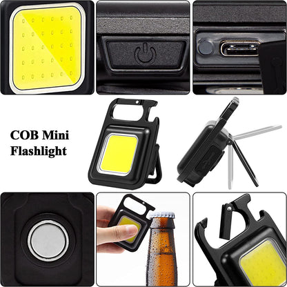 COB Small Flashlights, 800Lumens Rechargeable Keychain Mini Flashlight 4 Light Modes Portable Pocket Light with Folding Bracket Bottle Opener and Magnet Base for Fishing Walking Camping