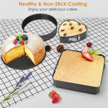 Cake Mould Tin Set of 3 Pieces Mold Heart, Round & Square Shape Cake Maker (Black, Non-Stick Coating), Steel