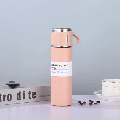 Vacuum Flask Set with 2 Cups, Insulated Double Wall Stainless Steel 500ml Tea Coffee Thermal Flask with 3 Cups, Hot and Cold Bottle, Corporate Gifts for Employees Christmas Gift, Random Color