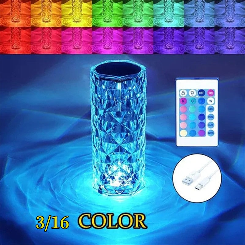 Crystal Lamp,16 Color Changing Rose Crystal Diamond Table Lamp, USB Rechargeable Led Strip Lighting Touch Bedside Lamp Night Light with Remote Control