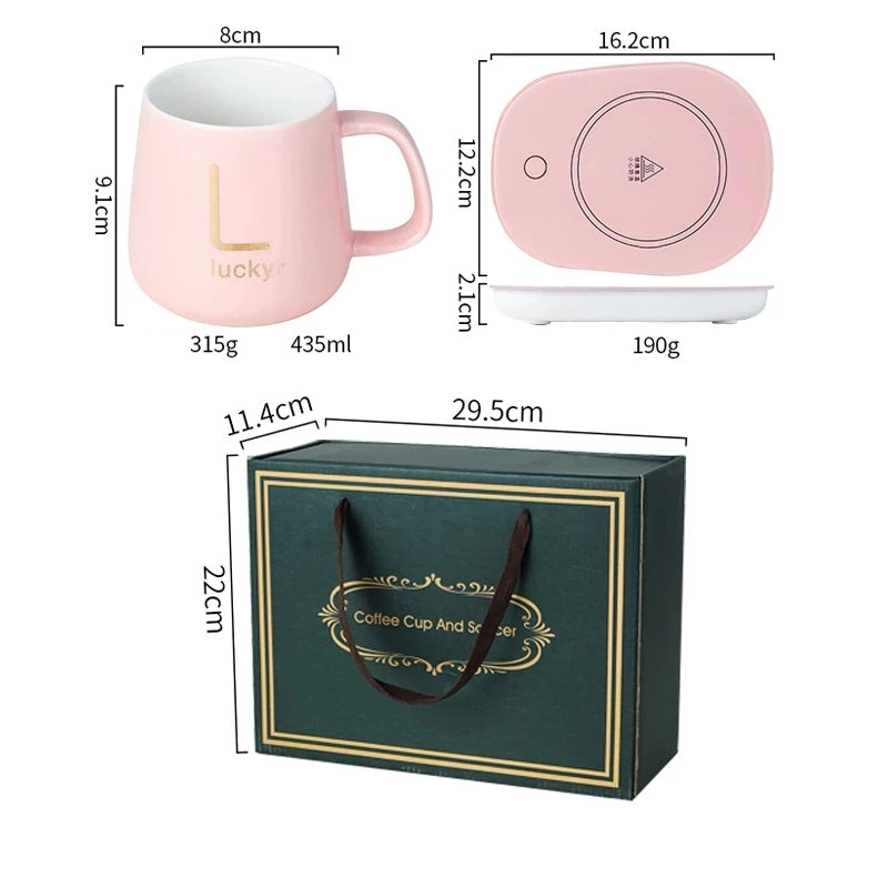 Mug Warmer Pad Powered Cups Milk Tea Coffee Heating Constant temperatures EU Plug Electric Mug Set Office Use Mug with Lid and Spoon (Pack of 1 Cup + 1 Lid + 1 Spoon + 1Pad)