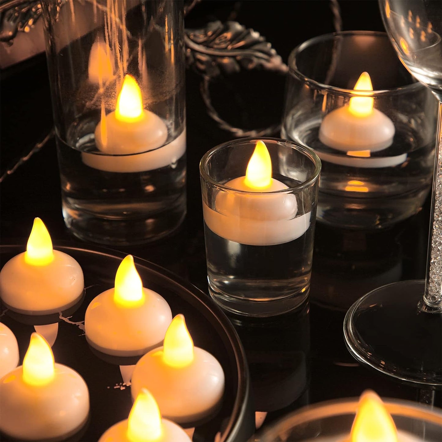 Floating Tealight Candles Battery Operated Water Sensor, 6 pcs Waterproof LED Flameless Flickering Water Sensor Diya