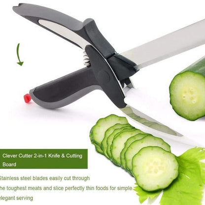 2-in-1 Steel Smart Clever Cutter Kitchen Knife Food Chopper and in Built Mini Chopping Board with Locking Hinge; with Spring Action; Stainless Steel Blade